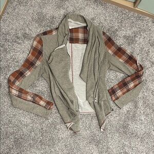 Hem & Thread Textured Knit Cardigan with Plaid Accents